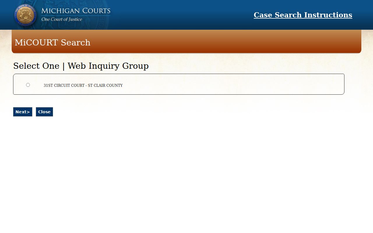 St. Clair County case lookup through the local Web Inquiry court selection screen