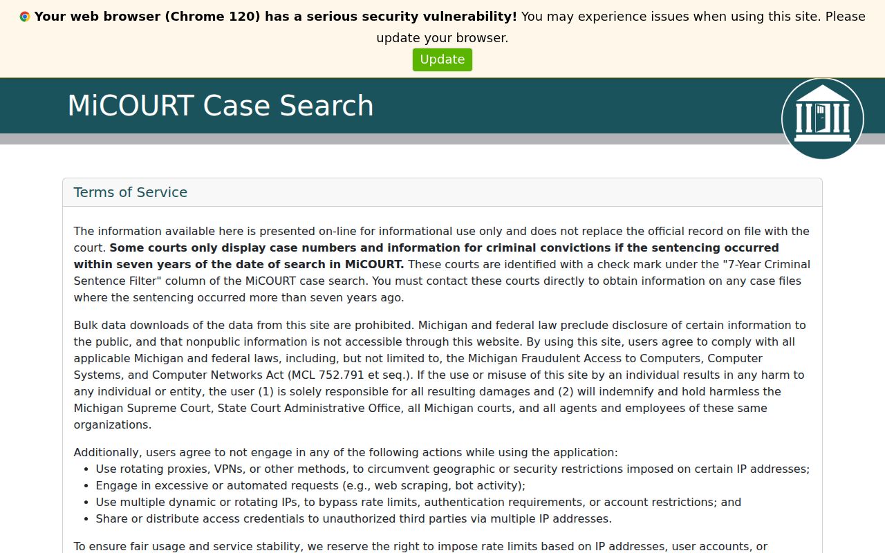 St. Clair County case search through the MiCOURT public case search interface