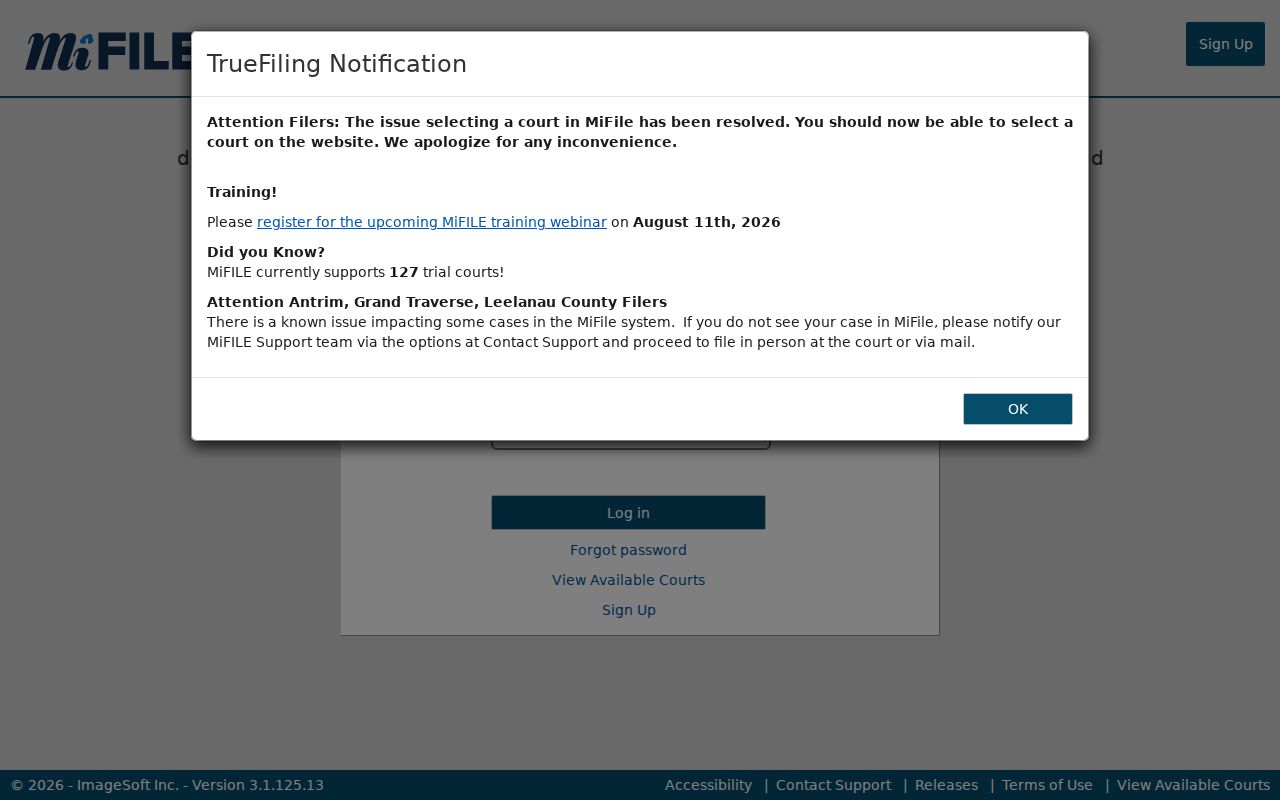 St. Clair County case search context at the MiFILE TrueFiling login screen