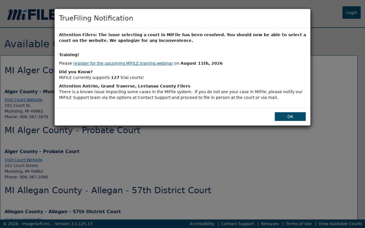 St. Clair County case search context in the MiFILE available courts listing