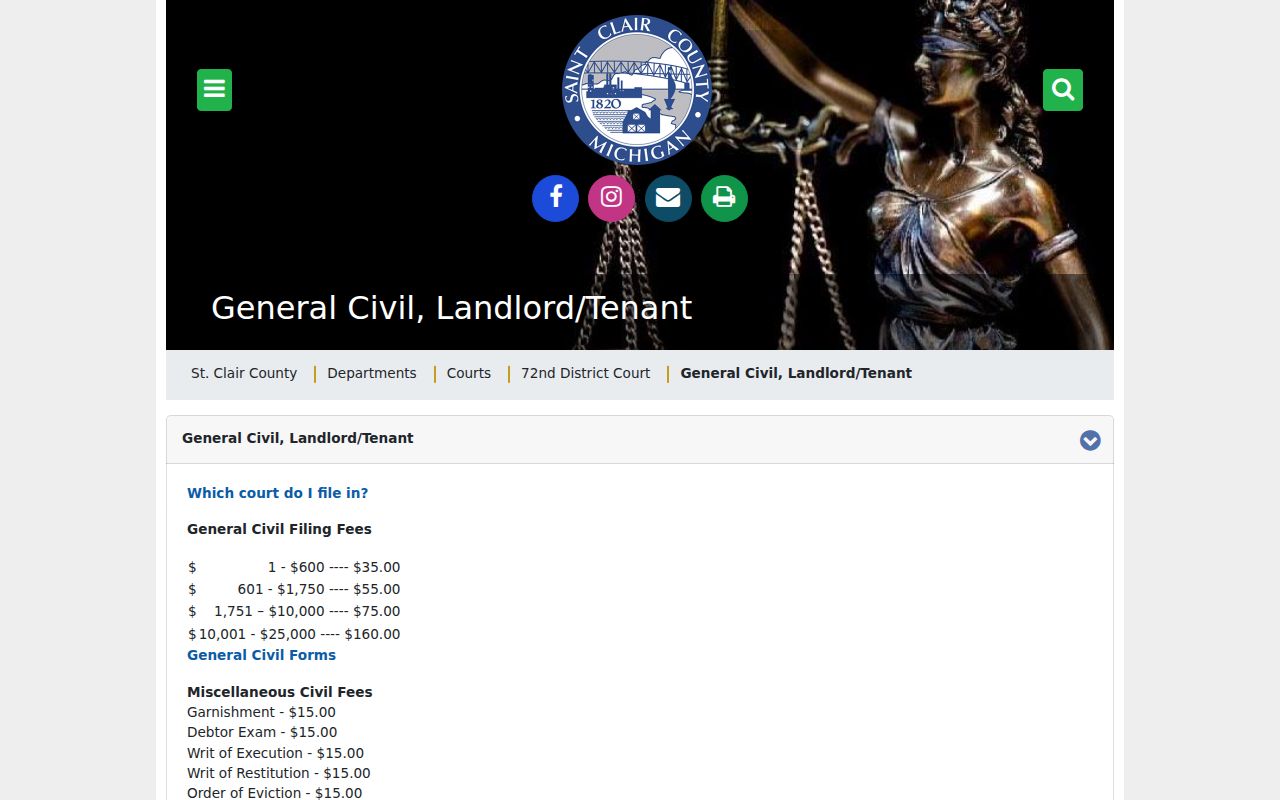 St. Clair County civil docket 72nd District Court civil fee information